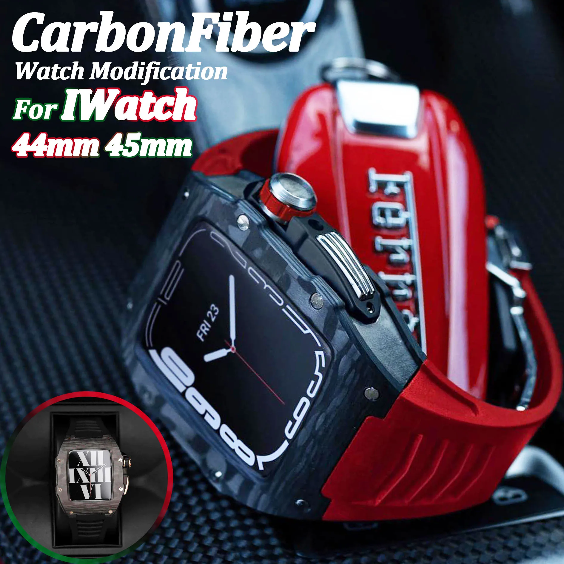 

Carbon Fiber Watch Modification For Apple Watch 7 45mm Carbonfiber Case for iWatch 6 SE 5 4 44mm Fluoro Rubber Strap Richard