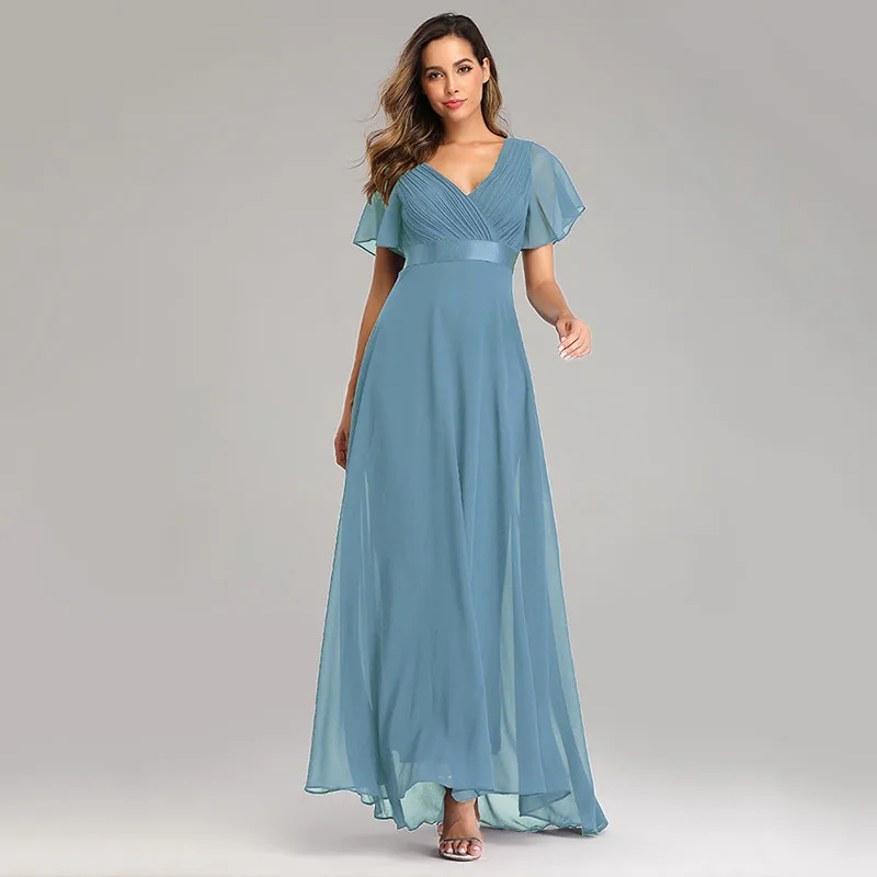 

2023 Elastic Chiffon Wedding Bridesmaid Dress Swing Flare Short Sleeves Party Gathering Elegant Long Waist Neck