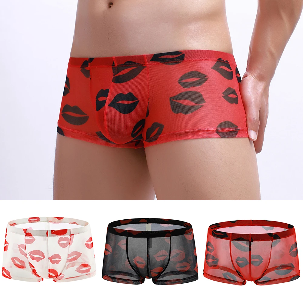 

New Men Lip Print Panties Sexy Mesh Low Waist Breathable Underwear Soft Comfortable Fashion Casual Daily Male Boxer Black Red