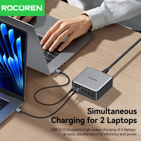 Rocoren 200 Вт GaN Зарядное устройство 6-портовое настольное зарядное устройство USB Type C для быстрой зарядки Портативная электростанция для iPhone 16 Pro Max Xiaomi