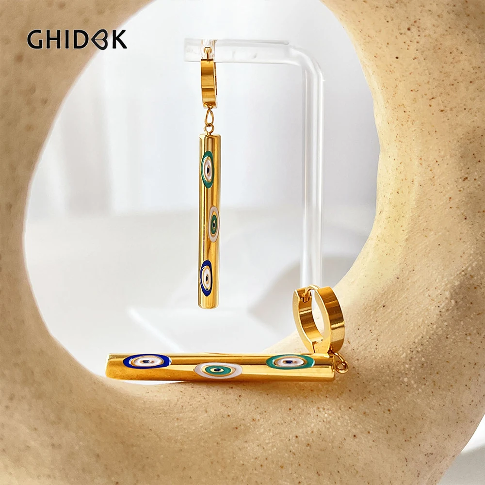 

GHIDBK Ethnic Green Blue Enamel Eye Cylindrical Pendant Hoop Earrings for Women Stainless Steel Pvd Plated Earrings Unusual