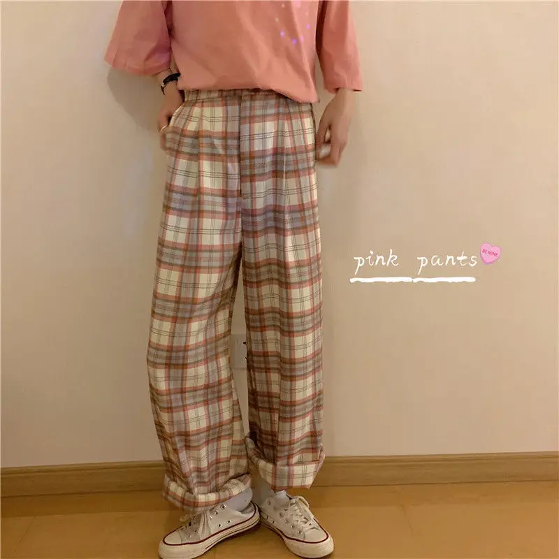 Summer New High Waist Plaid Straight Pants Ladies Plus Size Loose Versatile Wide Leg Trousers Simplicity Casual Women Clothing
