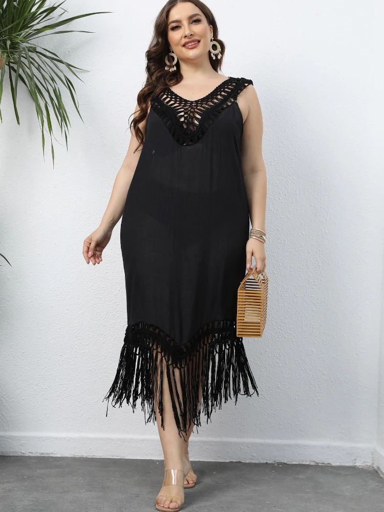 Black Knit Summer Plus Size Beach Dresses Women 2022 Sleeveless Midi Backless Sexy Dress with Tassel for Woman Travel Vacation