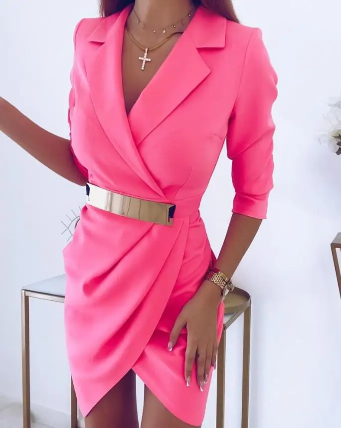 

Elegant Women's Dresses Notched Collar Long Sleeve Metal Decor Ruched Plain Mini Work Blazer Dress 2022 Summer Fashion