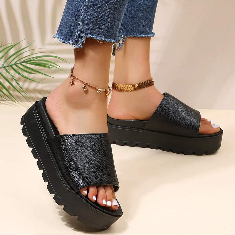 

Rimocy Black White PU Leather Platform Slippers Women Thick Soled Sandals Woman Summer Non-slip Slides Shoes Female Plus Size 43