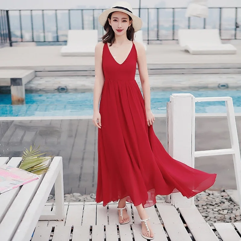 

2023 summer suspender backless dress chiffon red dress bohemian long skirt beach holiday skirt