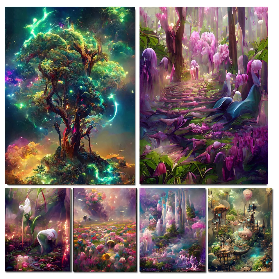 

Tree Of Life Fairy Village Scenery Diamond Painting Mosaic Art Pink Flower Castle Landscape Cross Stitch Manual Home Decor Y545