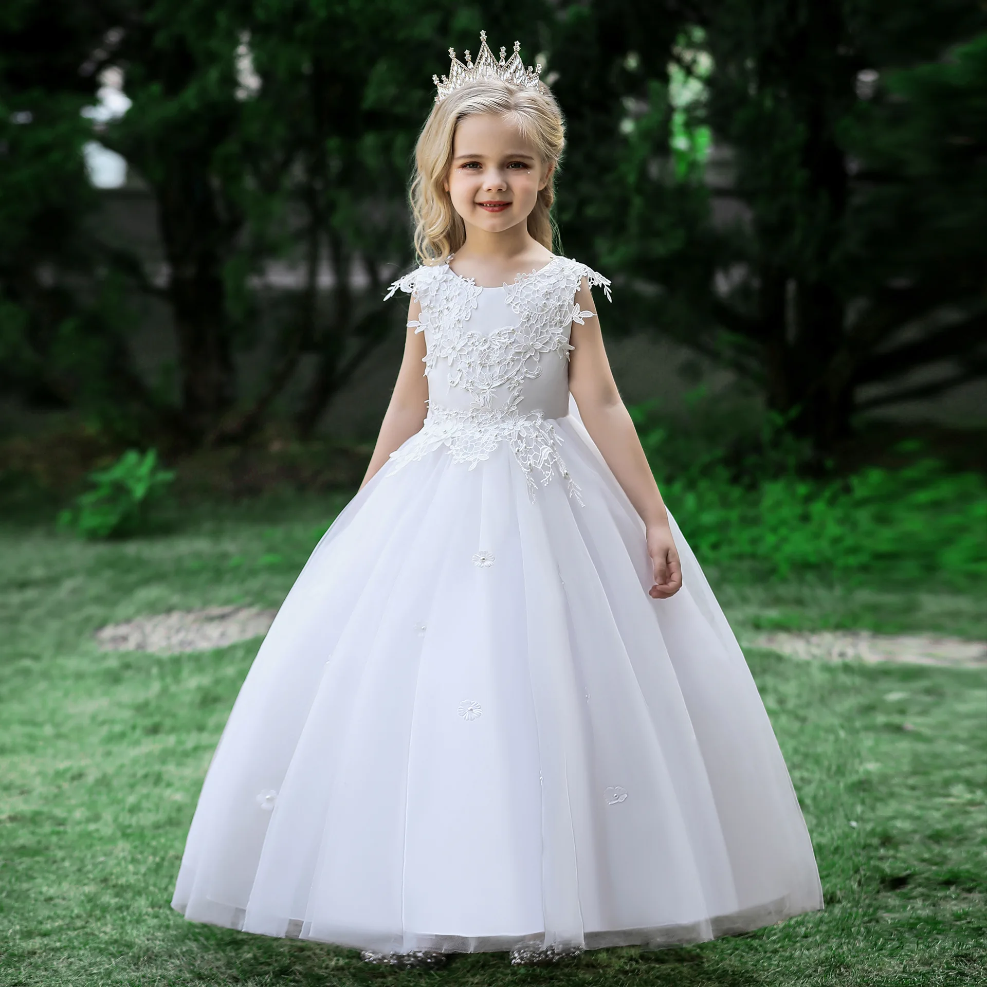 

New Embroidery Baby Girls Solid Dress Ceremony Clothing Evening Party Elegant Flower Kid Wedding Princess Costume Vestidos 5-14Y