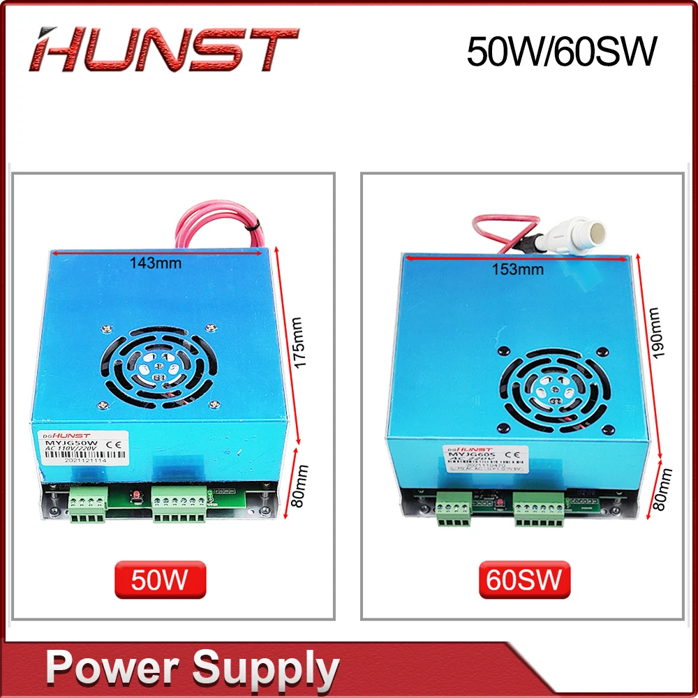 

Hunst MYJG-50W 60W CO2 Laser Power Supply 110V/220V Optional, Suitable For 40~70w Cutting And Engraving Machine Glass Tube