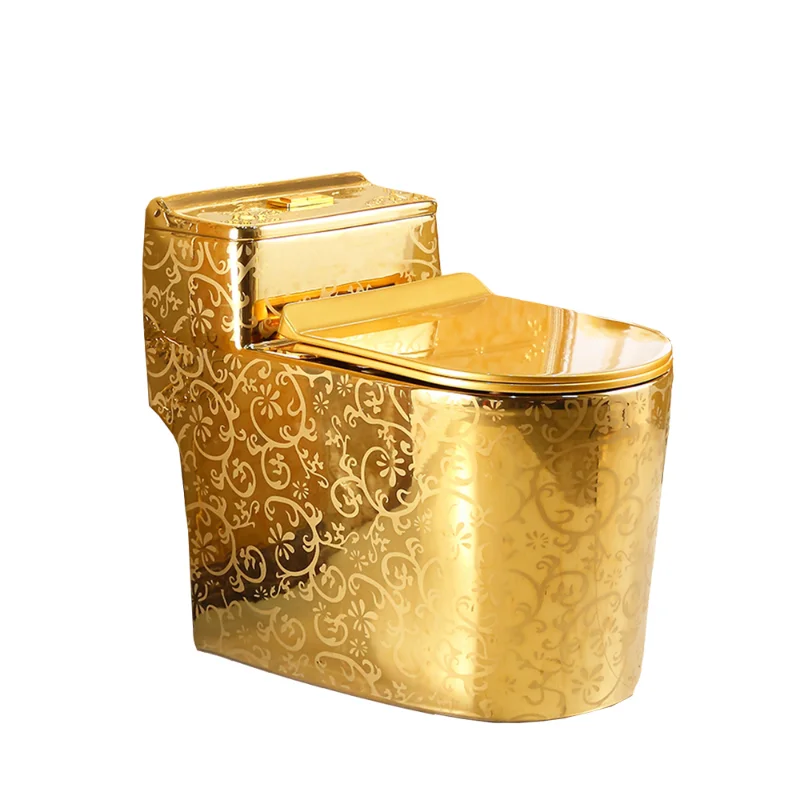 

Hot sale electroplated bathroom santiary wc one piece ceramic gold pattern toilet