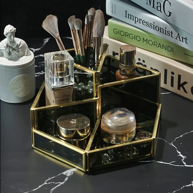 Brass Makeup Organizer Beauty Storage Vintage Makeup Brushes Storage Glass Makeup Box Makeup Brush Storage