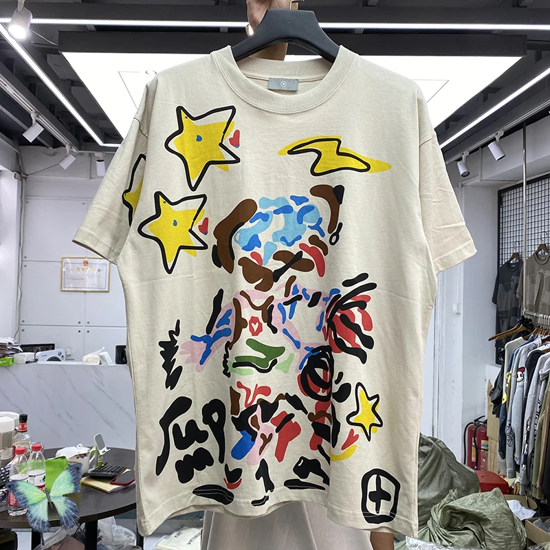

Hand-painted Graffiti Sun Moon Star Print Heavy Fabric Oversize Men's Painting T-shirt