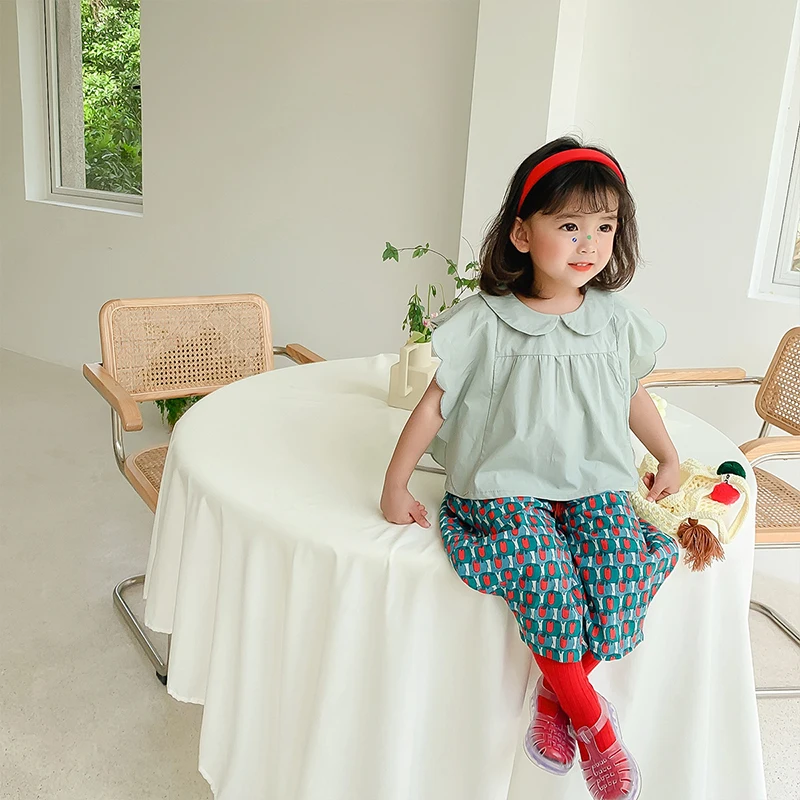 

2022 Summer Girls Clothing Set Hong Kong Style Doll Collar Wavy Sleeveless Top + Wide Leg Pants Baby Clothes Children's Clothing