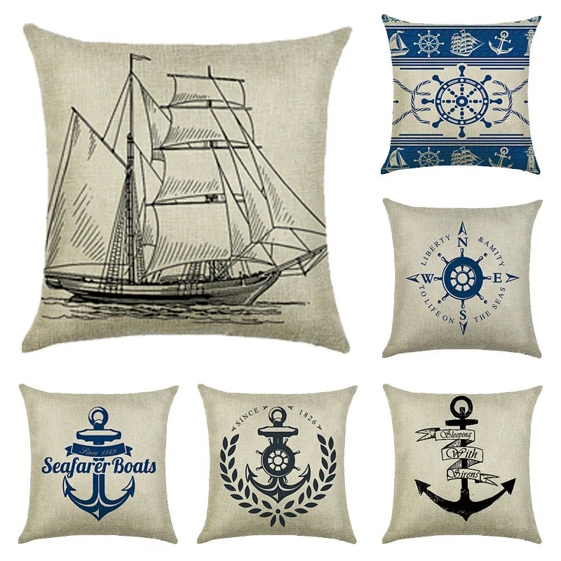 

Sea Nautical Blue Anchor Cushion Cover Mediterranean Sailing Pillowcase Rudder Compass Pillow Cover Home Decoration Pillow Case