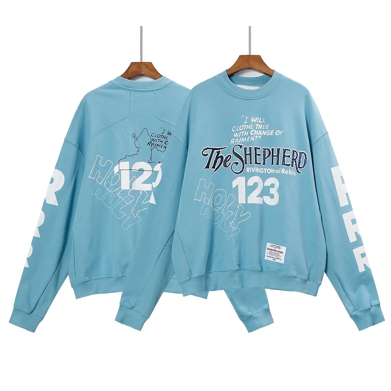 

Sky Blue RRR 123 Hand-painted Graffiti Heavy Fabric Fleece Vintage Do Old Pullovers Hoodies for Men Sweatshirt
