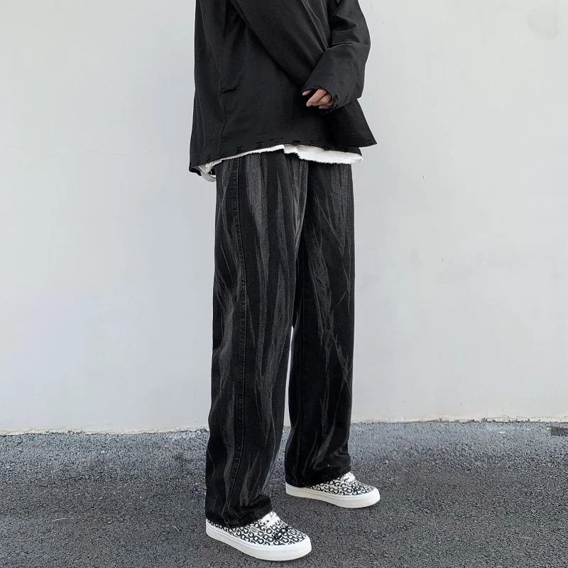 Tie Dye Black Jeans Men's Fashion Retro Casual Straight Jeans Men Japanese Streetwear Hip Hop Loose Denim Pants Mens Trousers