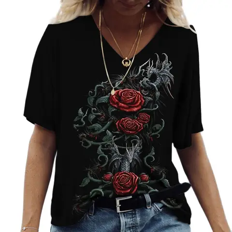 V Neck T Shirt  Women Casual Butterfly Print Short Sleeve Tops 3d Floral Ladies T-shirts Plus Size Y2k Tees 2022 Women Clothing