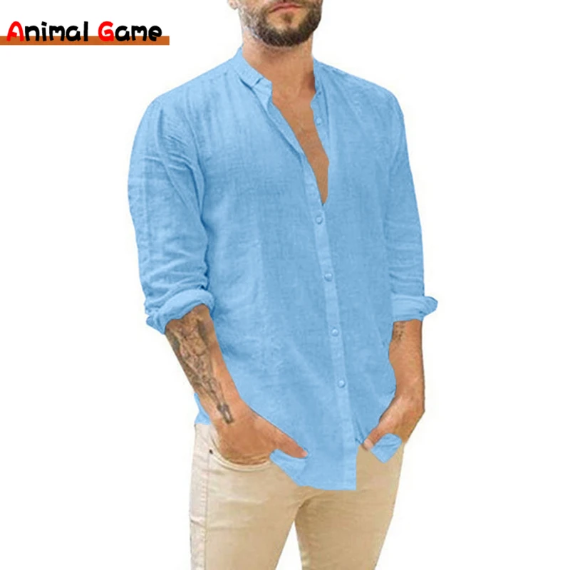 

New Men's Cotton Solid Color Linen Long Sleeve Shirt Button Up Men's Shirt Breathable Top