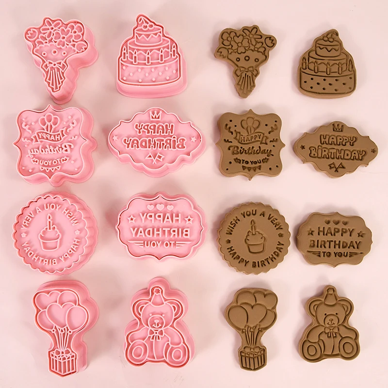 

8pc Happy Birthday Party Biscuit Mold Bear Cake Flower Cookie Cutters Mould Fondant Tools Pressable Stamp Home Baking Bakeware