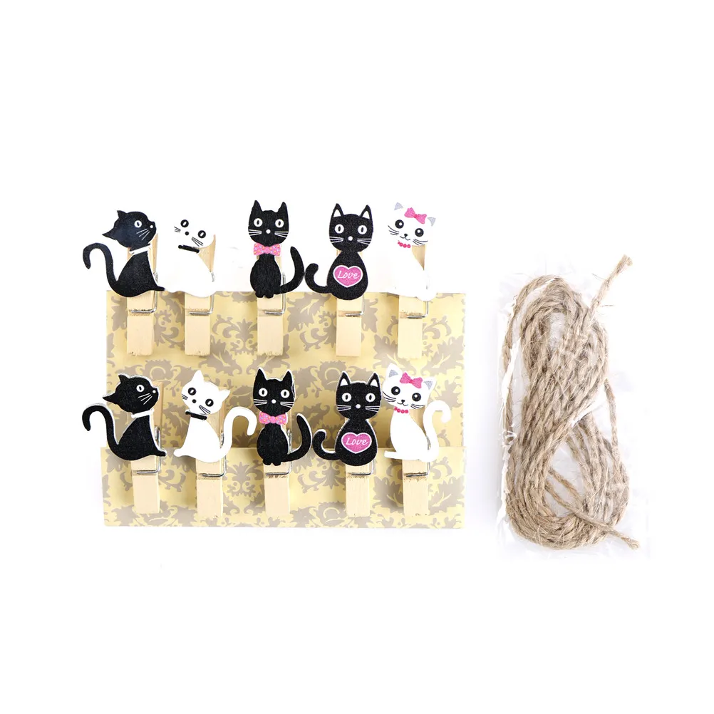 

10pcs Japanese Cat Wooden Clips With Hemp Rope Mini Nice Food Clip Kawaii Wood Paper Clip For Bag Students' DIY Tools