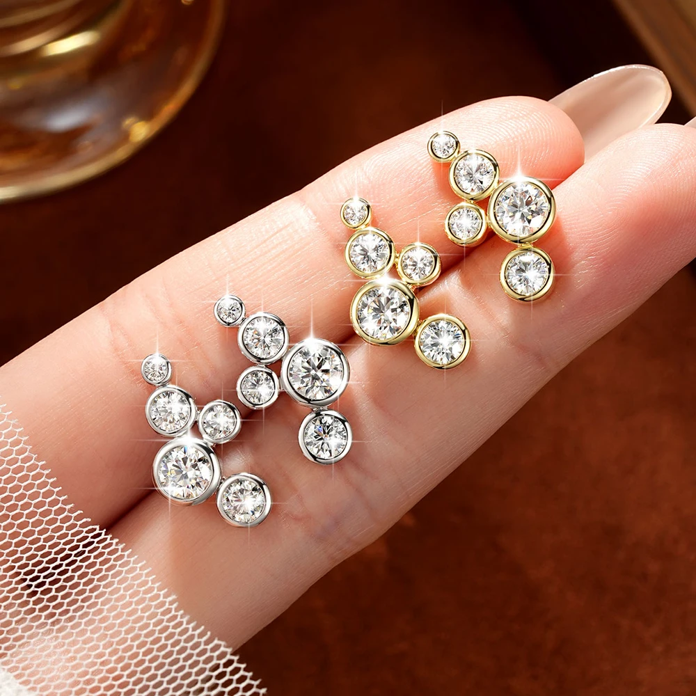 Фото Серьги-гвоздики Lnngy из золота 14K с 5 камнями в стиле «пузырьки», сертифицированные, с муассанитами 5 мм в оправе, элегантные ювелирные изделия, подарок №5