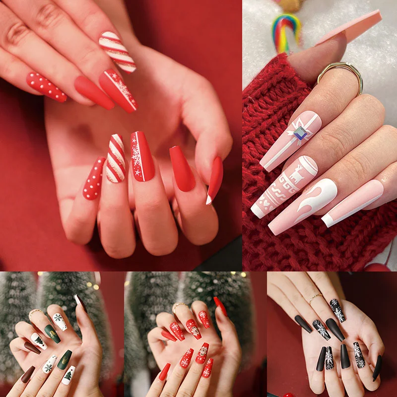 24pcs/Box Christmas False Nails Set Press on With Designs Acrylic Full Cover Detachable Artificial Fake Nails Art Women Gift