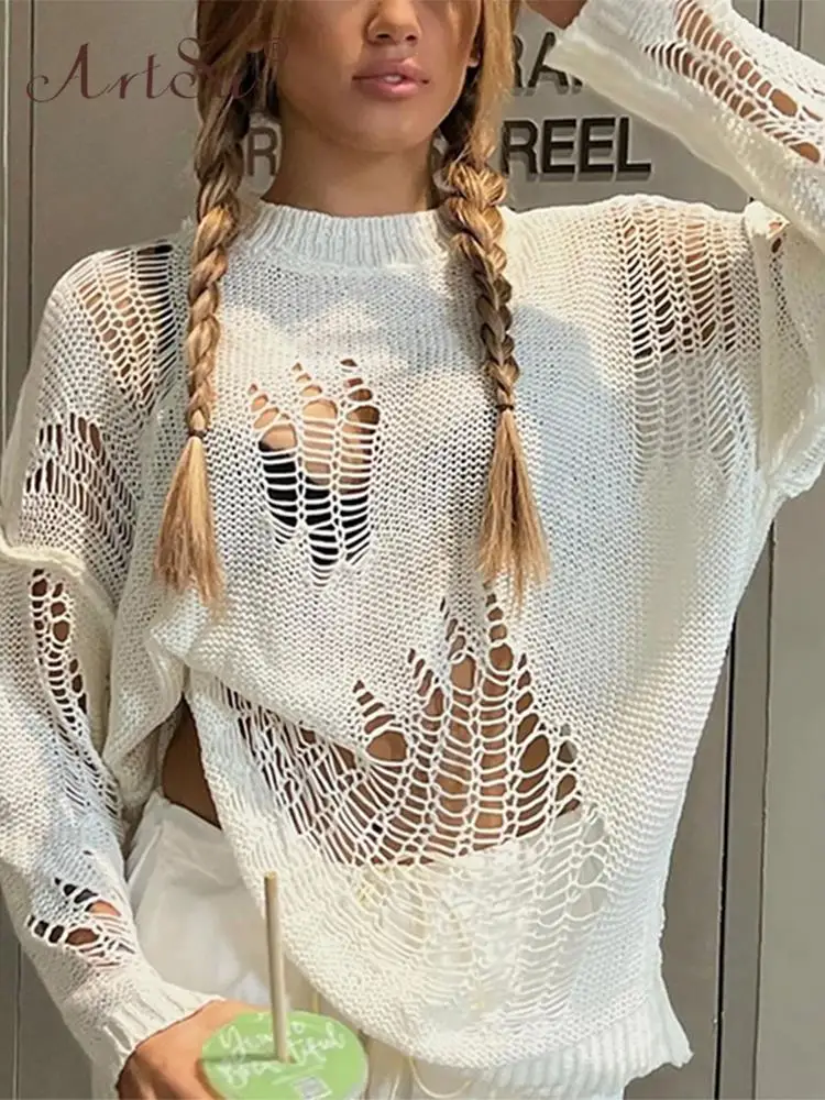 

ArtSu Hollow Out Irregular Sweaters Tee Shirt Knitted Casual Street Ripped Autumn Sexy Pullover Tee Harajuku Loose ANDYSW1095