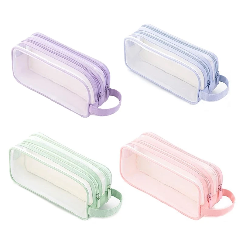 Case 2 Compartment Pen Bag Clear Pencil Pouch For Teen Student College Purple