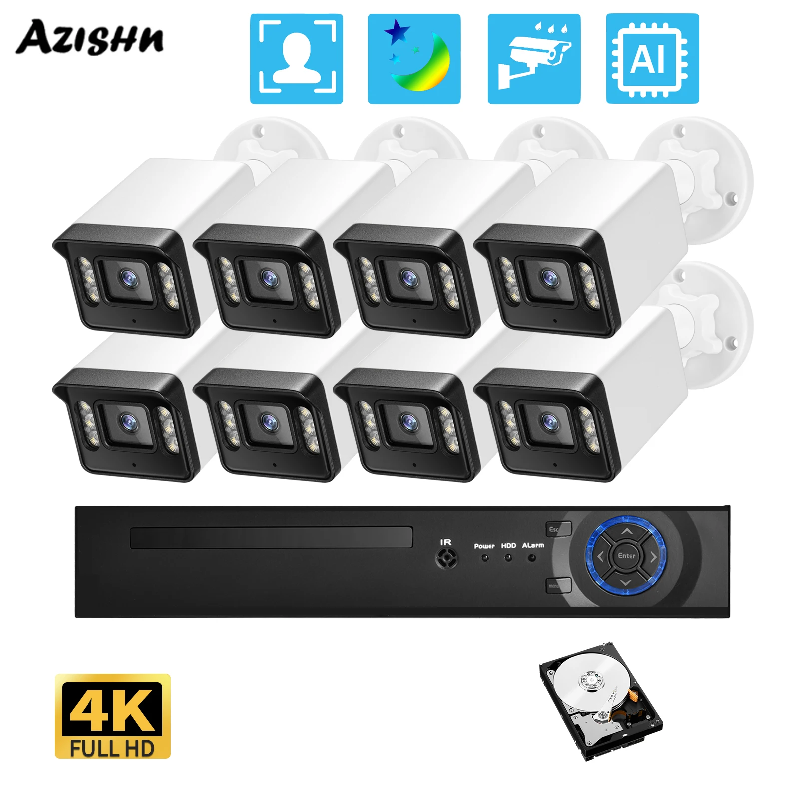 AZISHN двухстороннее аудио цветное Ночное Видение 4K 8MP камера видеонаблюдения CCTV комплект мониторинга видео