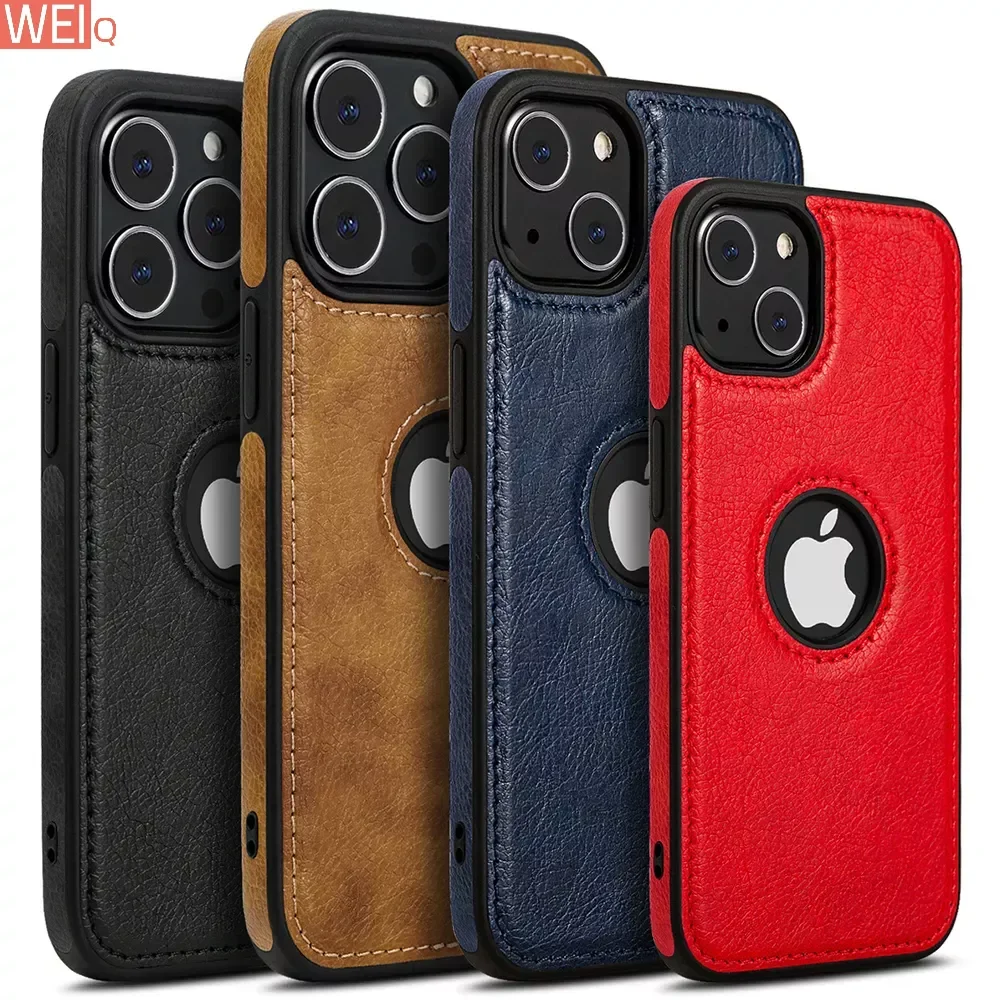 

For iPhone 15 Pro Max iPhone 15 Plus Pro Case Slim PU Leather Logo Hole Soft Silicone Shockproof Back Cover
