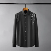 Luxury Embroidery Men's Shirt Black White Long Sleeve Slim Casual Shirt Business Formal Dress Shirts Social Party Tuxedo Blouse