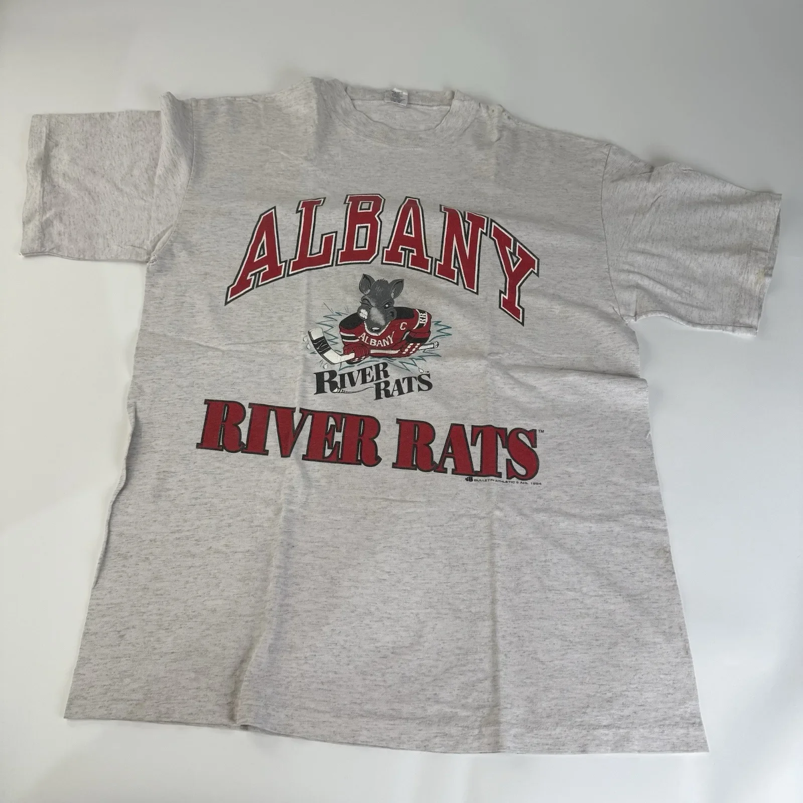 Фото Винтажная футболка 1990-х годов с изображением хоккейной команды Albany River Rats, размер L, в стиле 90-х, хоккейная, винтажная. №1