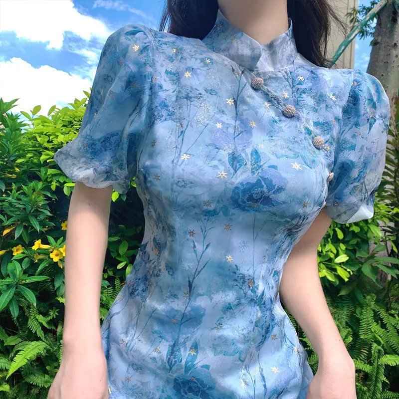 

2023 summer Chinese style traditional clothing improved qipao dress Fairy women gentle improvement floral slim cheongsam dress
