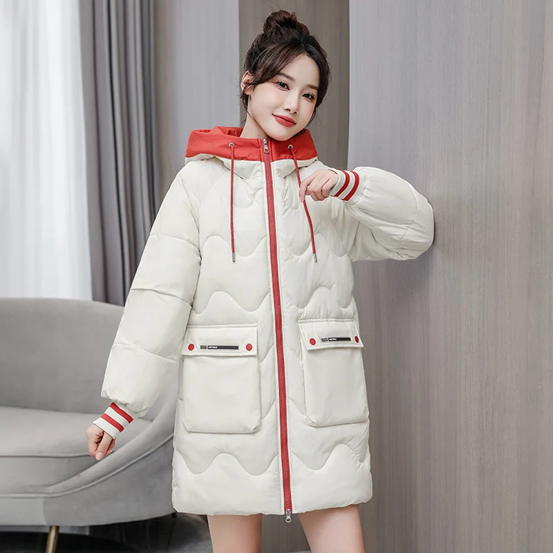 Warm and windproof medium long hooded cotton padded jacket for women 2022 winter new Korean casual fashion stand collar down