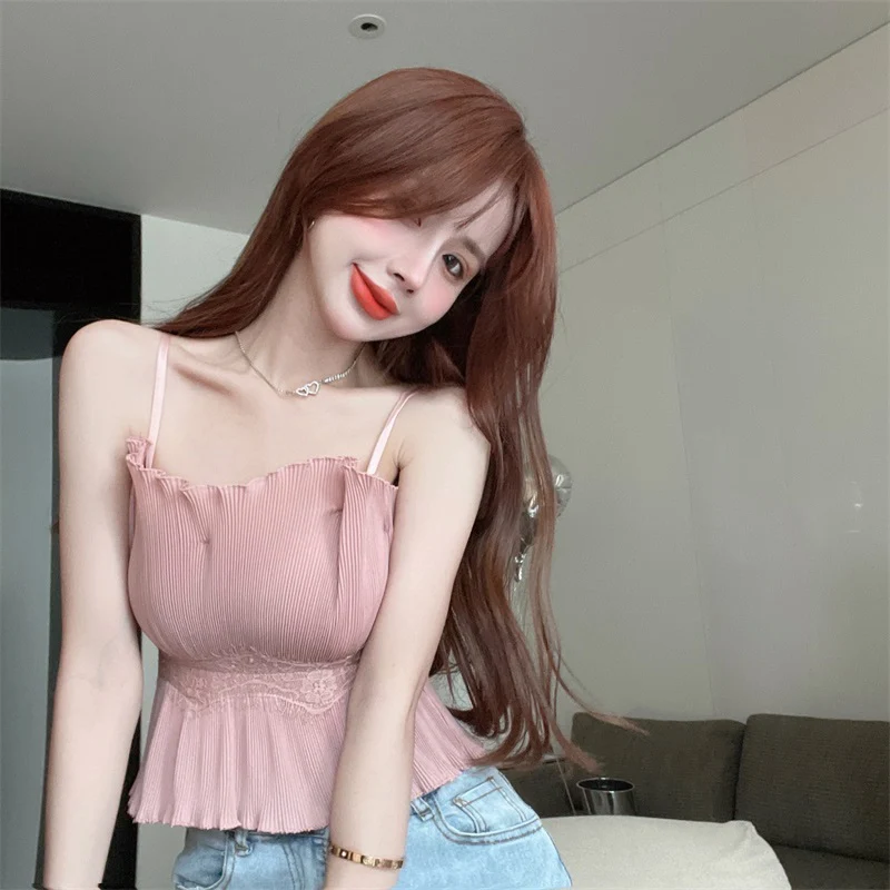 

Pink suspender vest women's summer slim fitting short lace stitching design feeling wrinkle pure Style Sexy Spice Girl Top