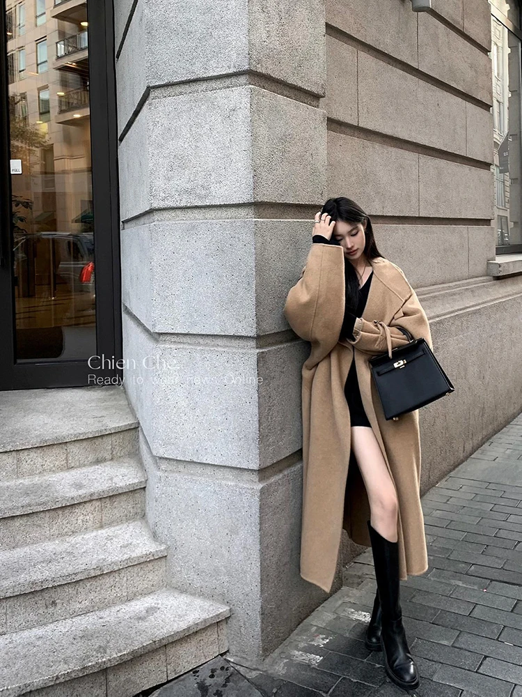 Осенне-зимние длинные шерстяные пальто Элегантные Свободные корейские новые