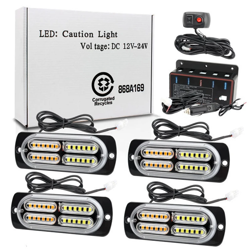 Стробоскоп для автомобиля, скорой помощи, полиции, мигающий Телефон, 1 комплект, 4*24 светодиода, 12 В, С переключателем, красный, белый, янтарный, синий