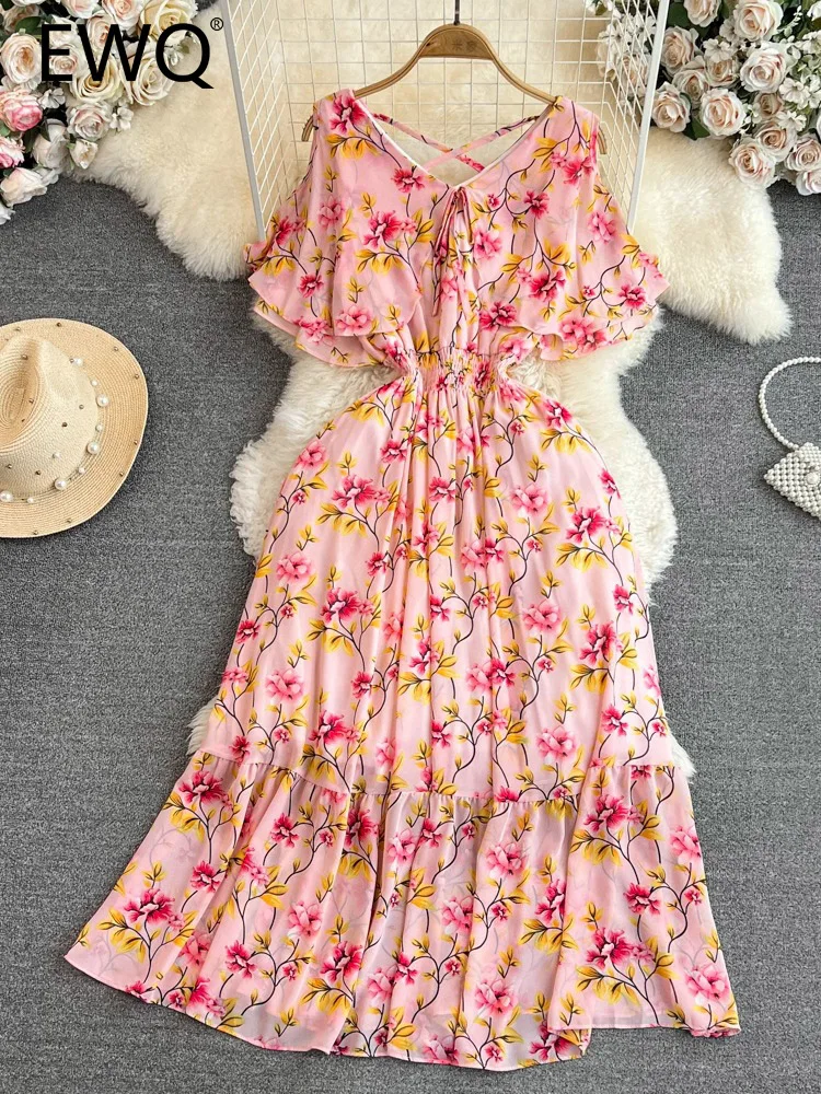 

EWQ Sweet Style Women's V-neck Dress 2023 Summer New Ruffles Patchwork Contrast Color Print Short-sleeve High Waist Dresses 2236