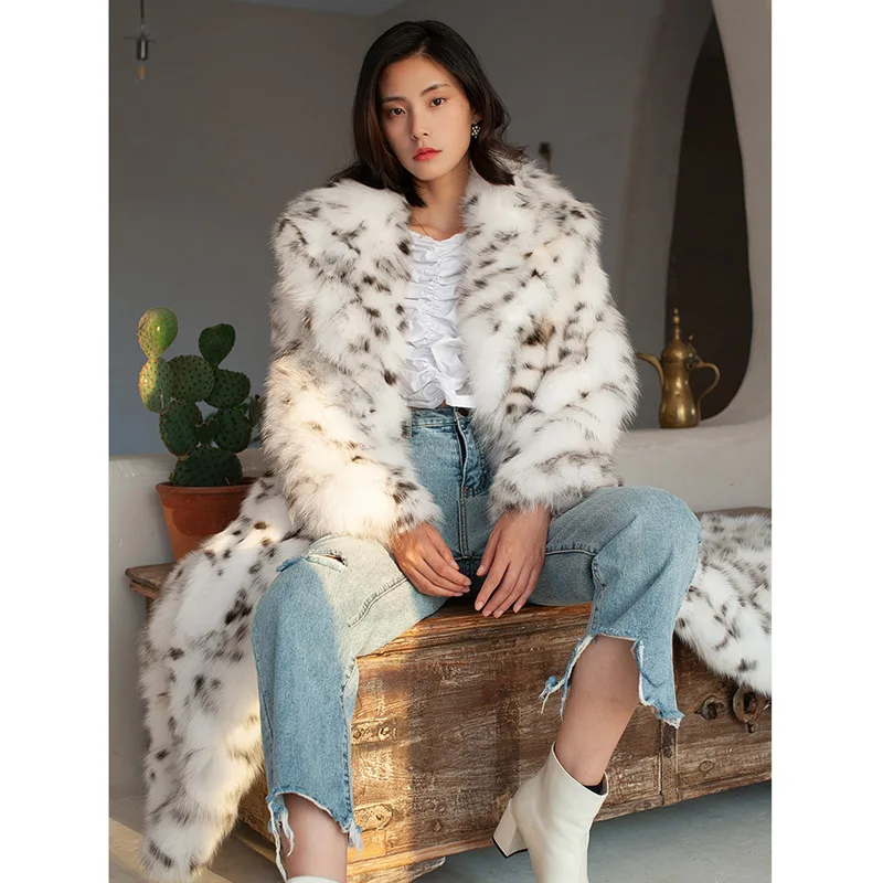 Faux Fur X-Long Coats Womens Eco Fur Lynx With a Hood Winter Jackets Woman Length 120cm Fur Coat Female White Fur Coats
