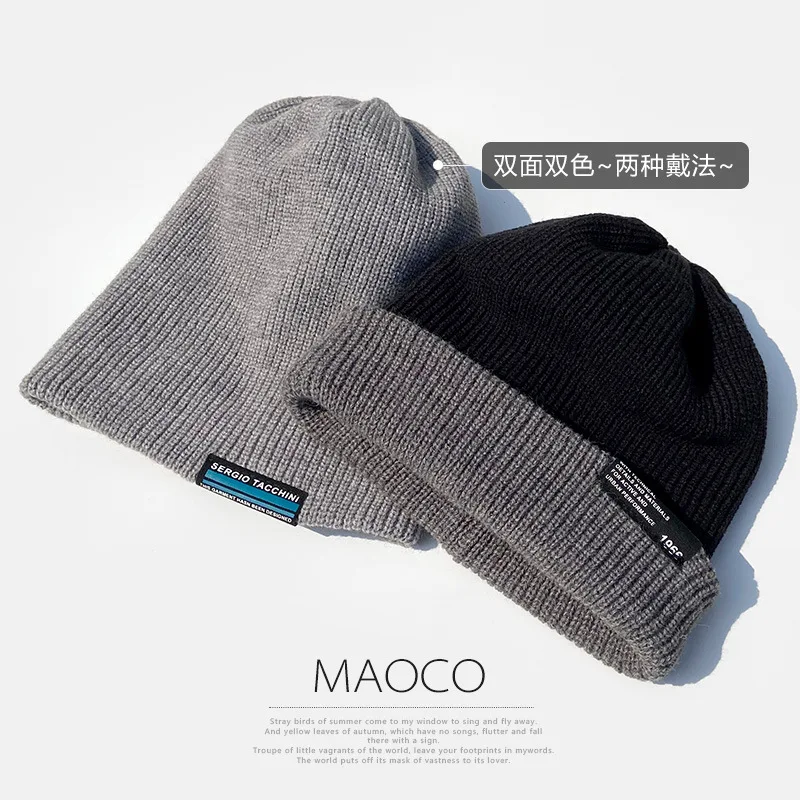 Winter Men's Beanie Daily Hat  Warm Casual Loose Cap Ear Care Curly Edges Double-Sided Knitted Cap A Couple's Pullover Hat