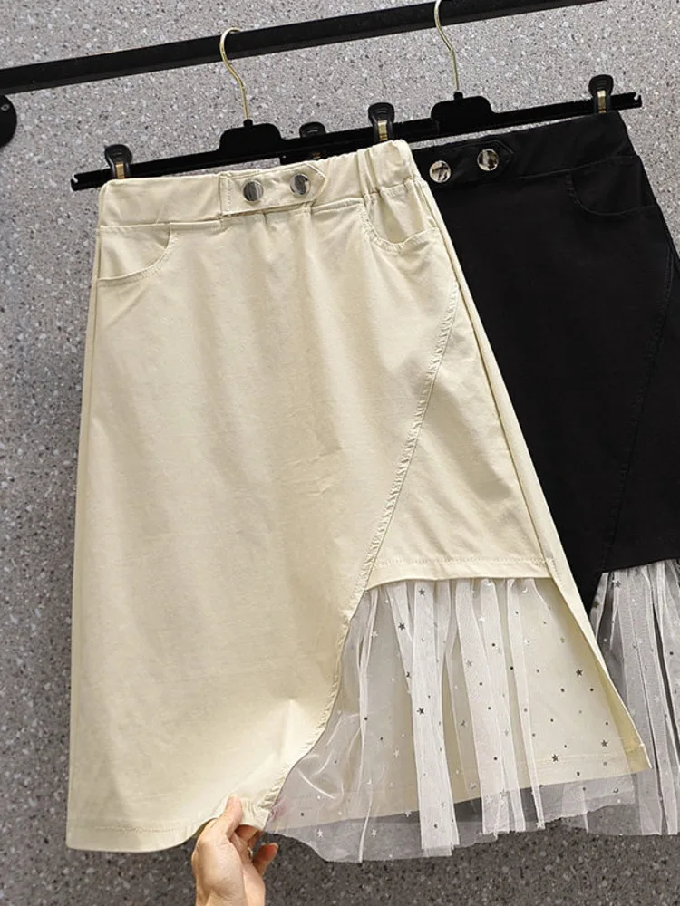 

Oversize Stretch Denim A-line Skirts Female Summer Elastic Waist Loose Skirt Mesh Patchwork Korean Style XL-5XL Skirts Pockets