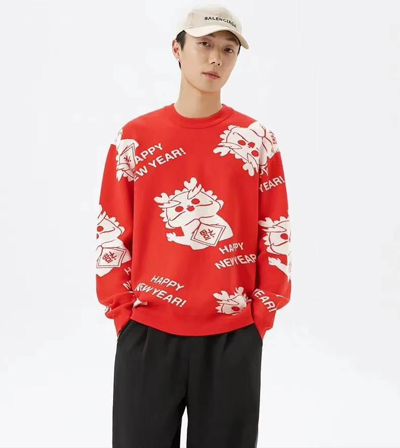 Китайский новогодний красный свитер Loong Element для мужчин и женщин модная свободная