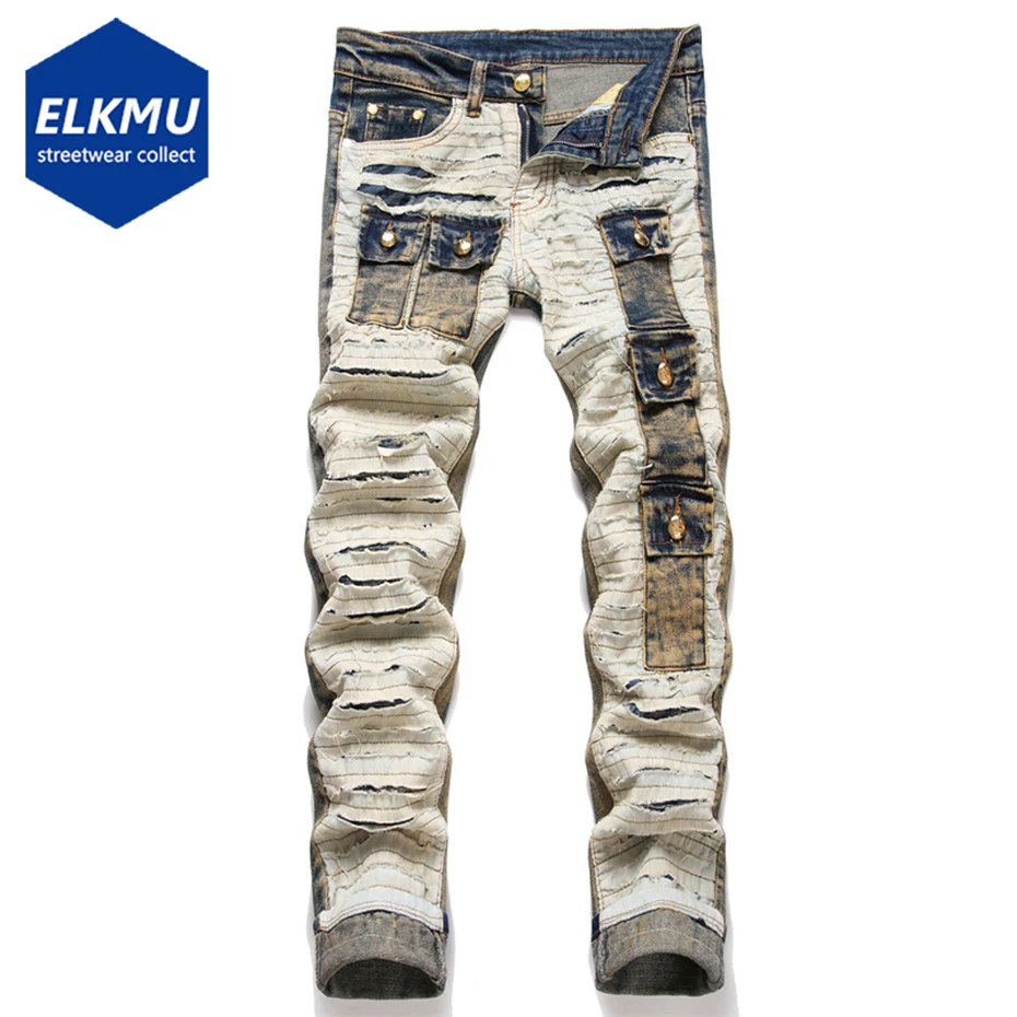 

Джинсы мужские в стиле панк, облегающие штаны из денима в стиле разбитого пэчворк, с несколькими карманами, уличная одежда в стиле Харадзюку, джинсы в стиле хип-хоп