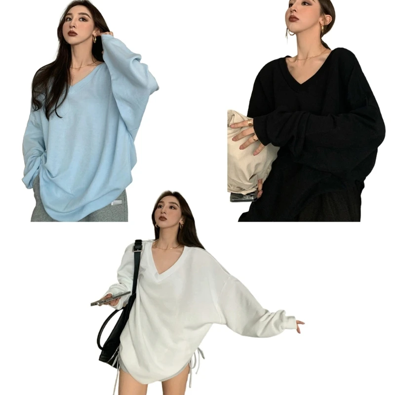 

Womens Long Sleeve Pullover Tunic Tops Size V-Neck Basic Solid Sweatshirts