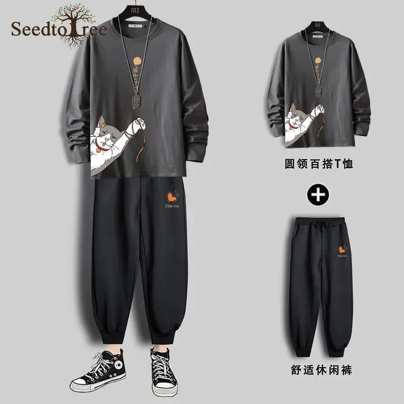 Мужские комплекты из 2 предметов футболка с длинным рукавом и круглым вырезом