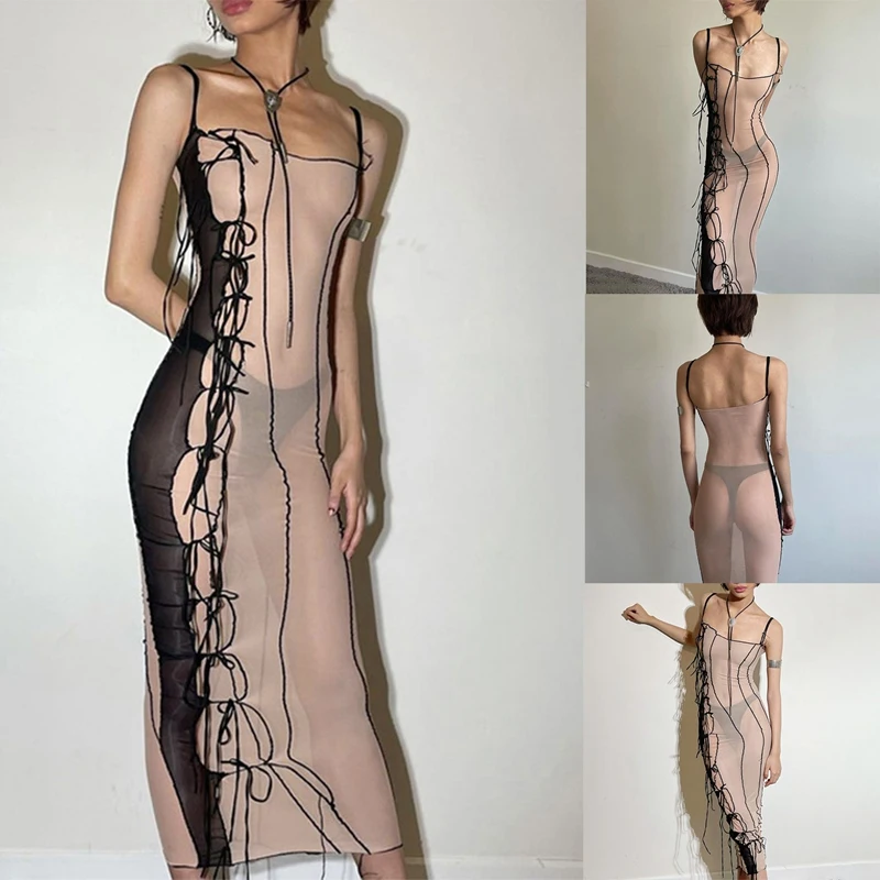 

Sleeveless Strap See-Through Asymmetrical Sexy Dress Summer Women Fashion Streetwear Y2K Club Outfits