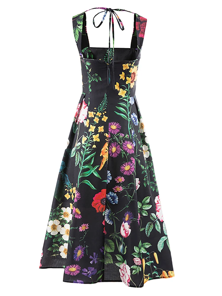 2023 Summer Loose Dress For Women Square Collar Sleeveless High Waist Print Colorblock Midi Dresses Female Clothing
