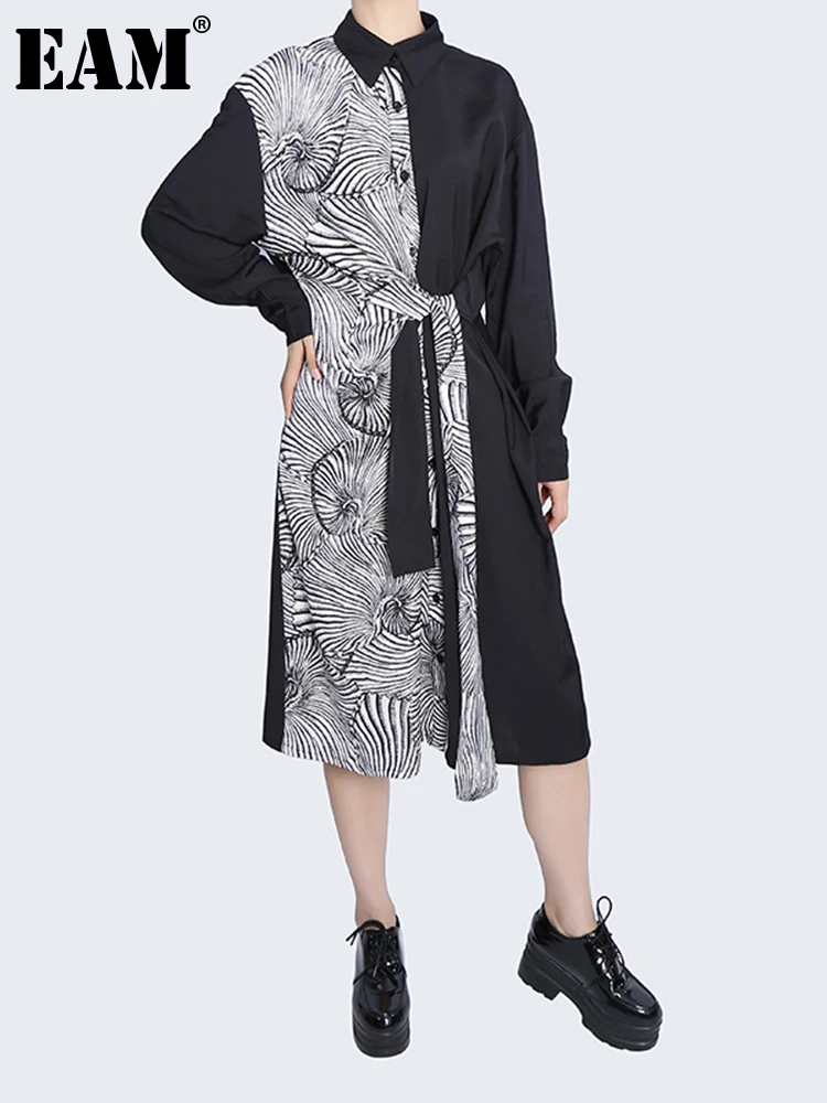

[EAM] Women Pattern Printed Bandage Long Big Size Shirt Dress New Lapel Long Sleeve Loose Fit Fashion Spring Autumn 2022 1DF0196