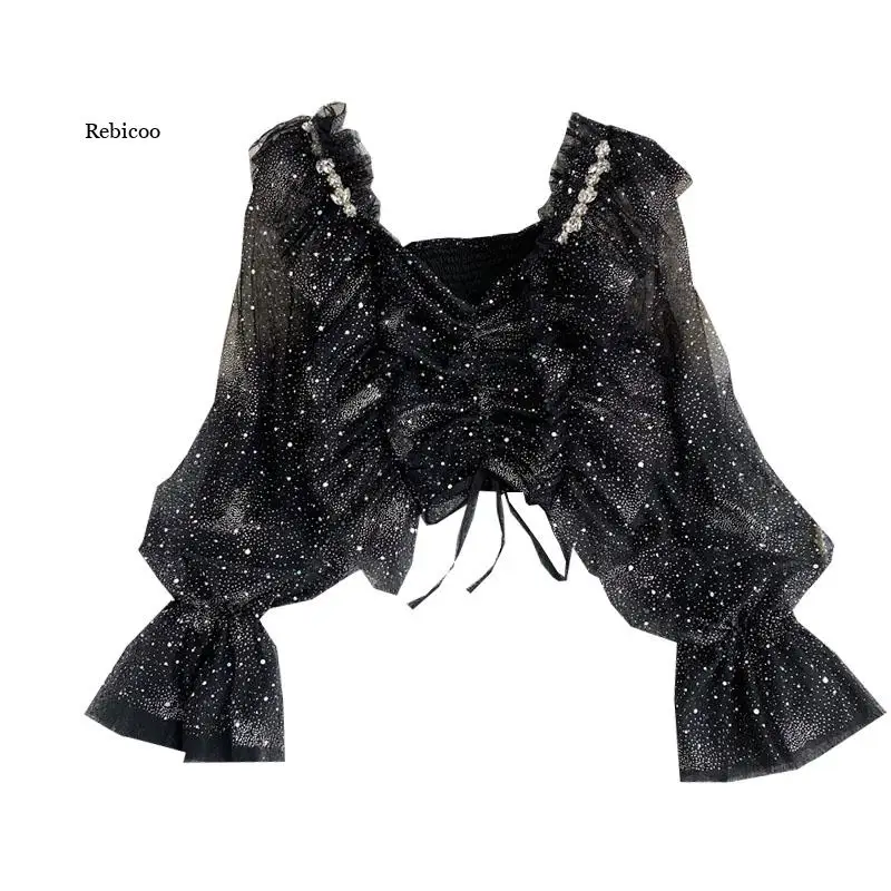 

Square Collar Mesh Chiffon Blouse Women Sequin Bling Sexy Crops Tops Long Sleeve Pleated Drawstring Ruffles Short Blouses
