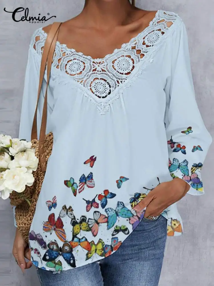

Celmia Fashion Patchwork Lace Blouses 2022 Summer Women Butterfly Print Long Sleeve Shirt Casual V Neck Tops Elegant Loose Tunic